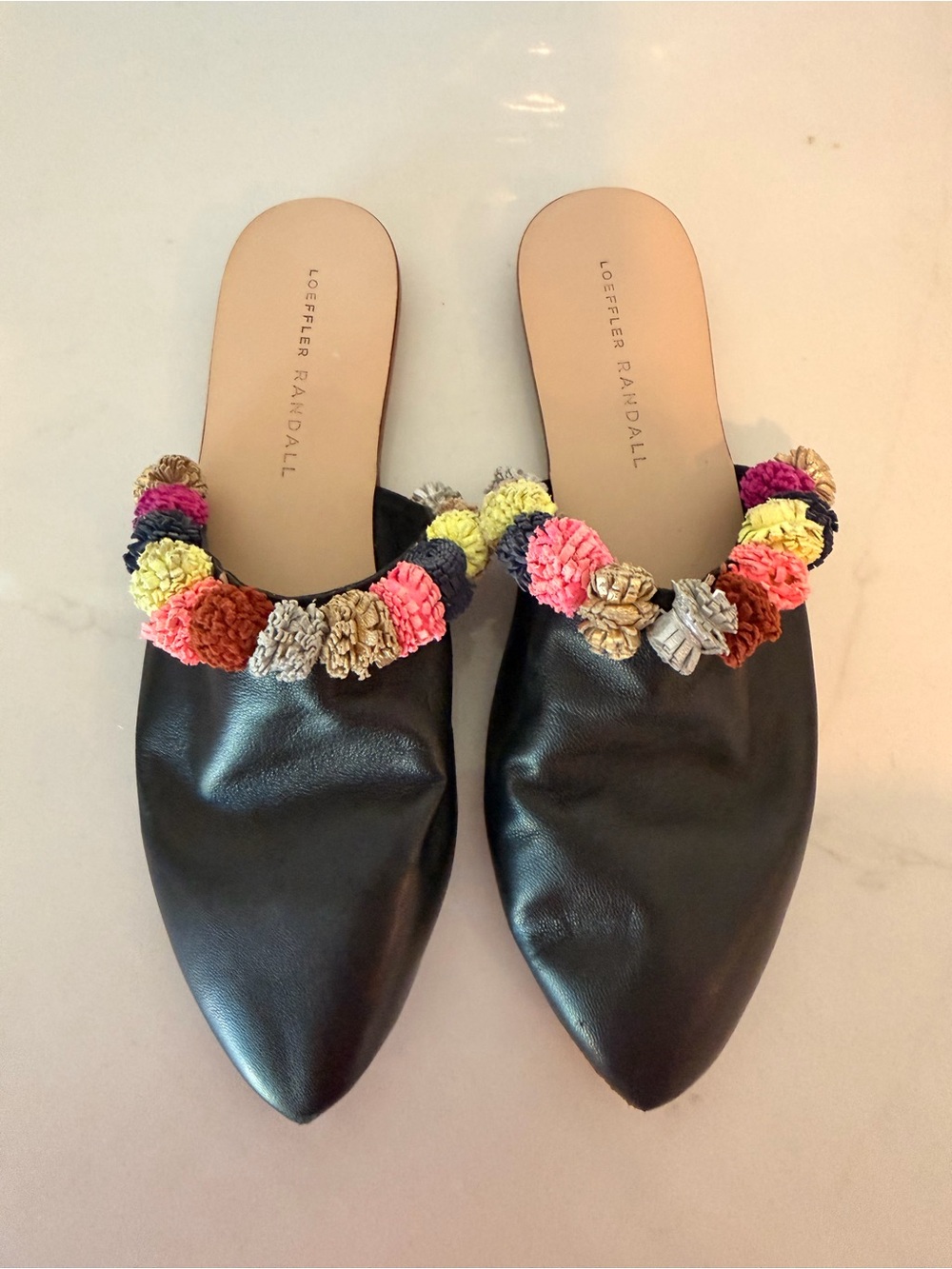 Loeffler Randall Black Leather Pom-Pom Mules size 6B